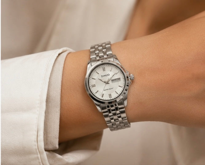 Dinuo Women’s Silver Day & Date Stainless Steel Watch